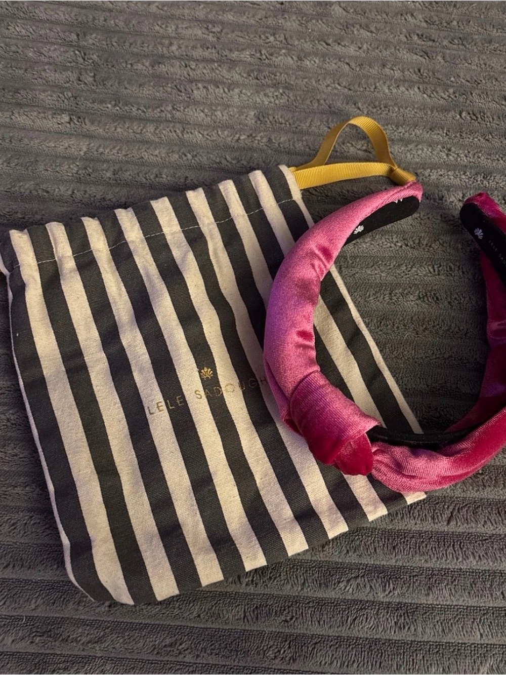 Lele Sadoughi Pink Velvet Headband with Striped Drawstring Pouch